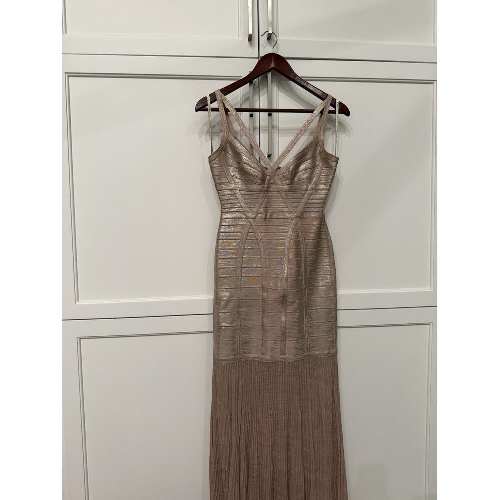 Herve Leger Metallic Bronze-Beige Bandage Maxi Dress